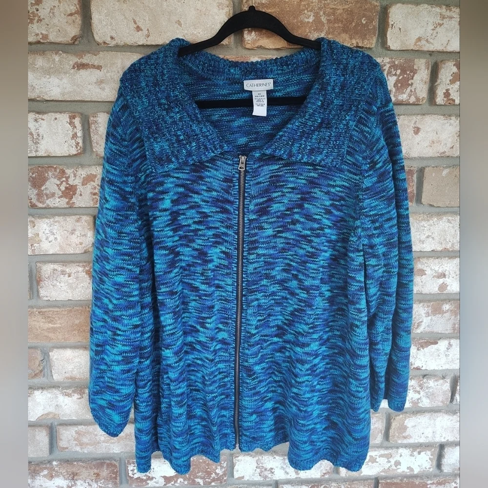Catherines Blue Multicolor Full Zip-Up Cardigan Sweater Sz 3X Casual Winter